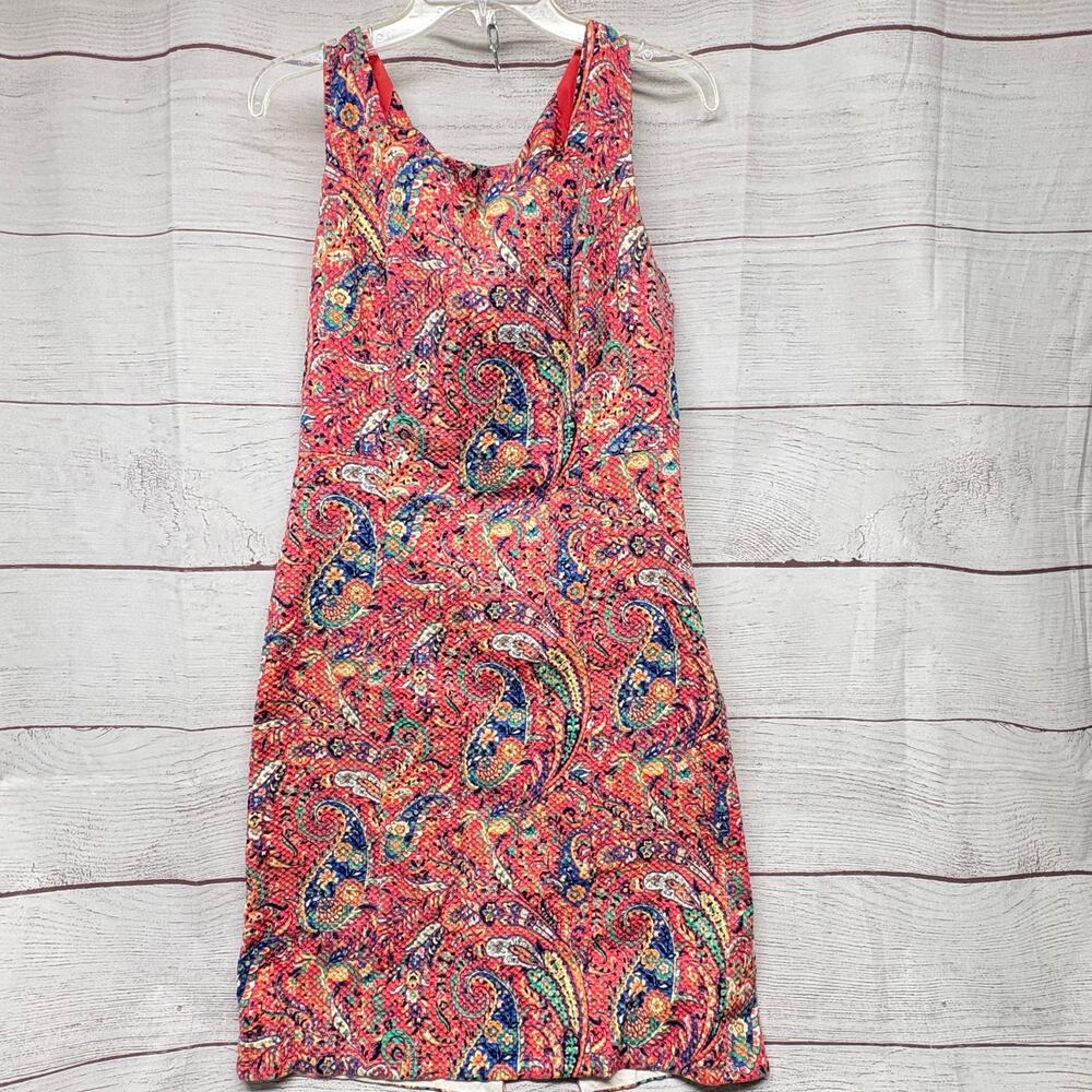Talbots Red Paisley Sleeveless Sheath Dress Back Tie Size 6 Effortless Jersey